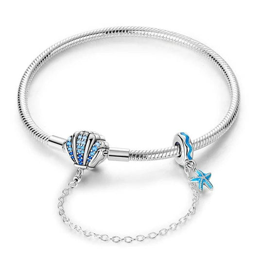 Bracelet Thème Océan avec Coquillage en Cristal Bleu et Charms Étoile de Mer
