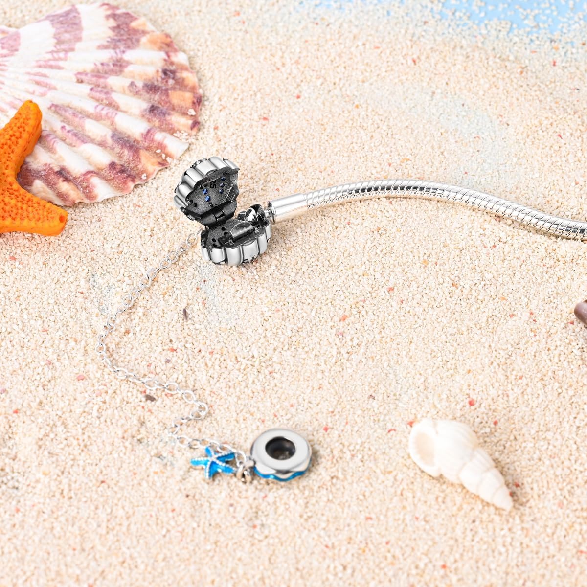 Bracelet Thème Océan avec Coquillage en Cristal Bleu et Charms Étoile de Mer