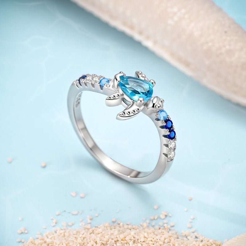 Bague Tortue Océan au Cristal Bleu