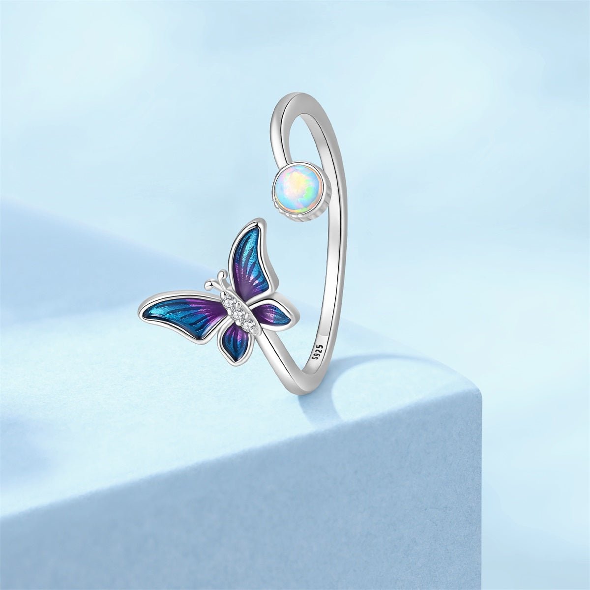 Bague Réglable Opale et Papillon Bleu