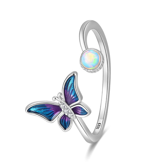 Bague Réglable Opale et Papillon Bleu