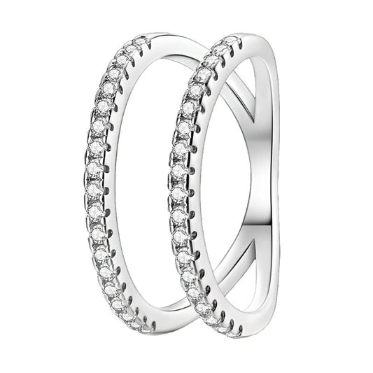 Bague Ajourée Double Rangée à Lignes Parallèles et Pierre Sertie