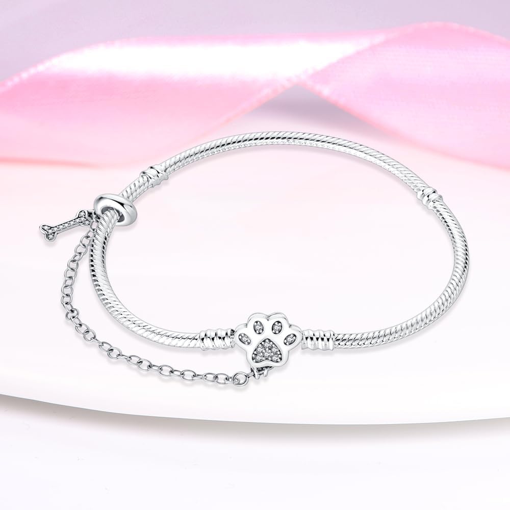Bracelet à Charms Empreinte de Patte avec Os et Chaîne de Sécurité