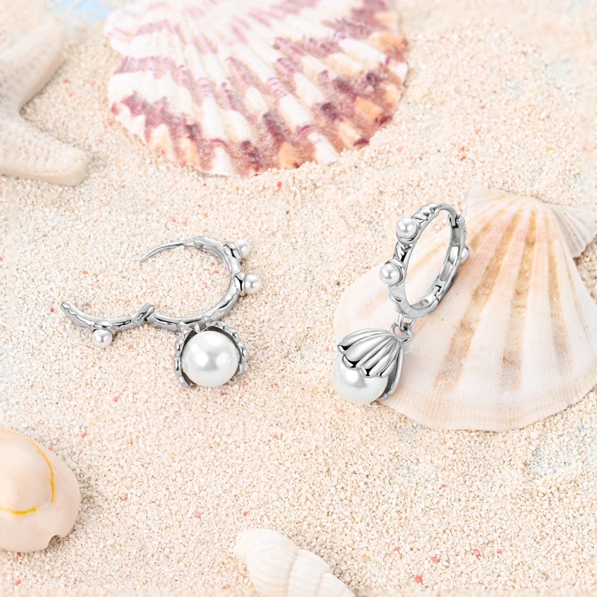 Créoles Pendantes Perle au Motif Coquillage Floral