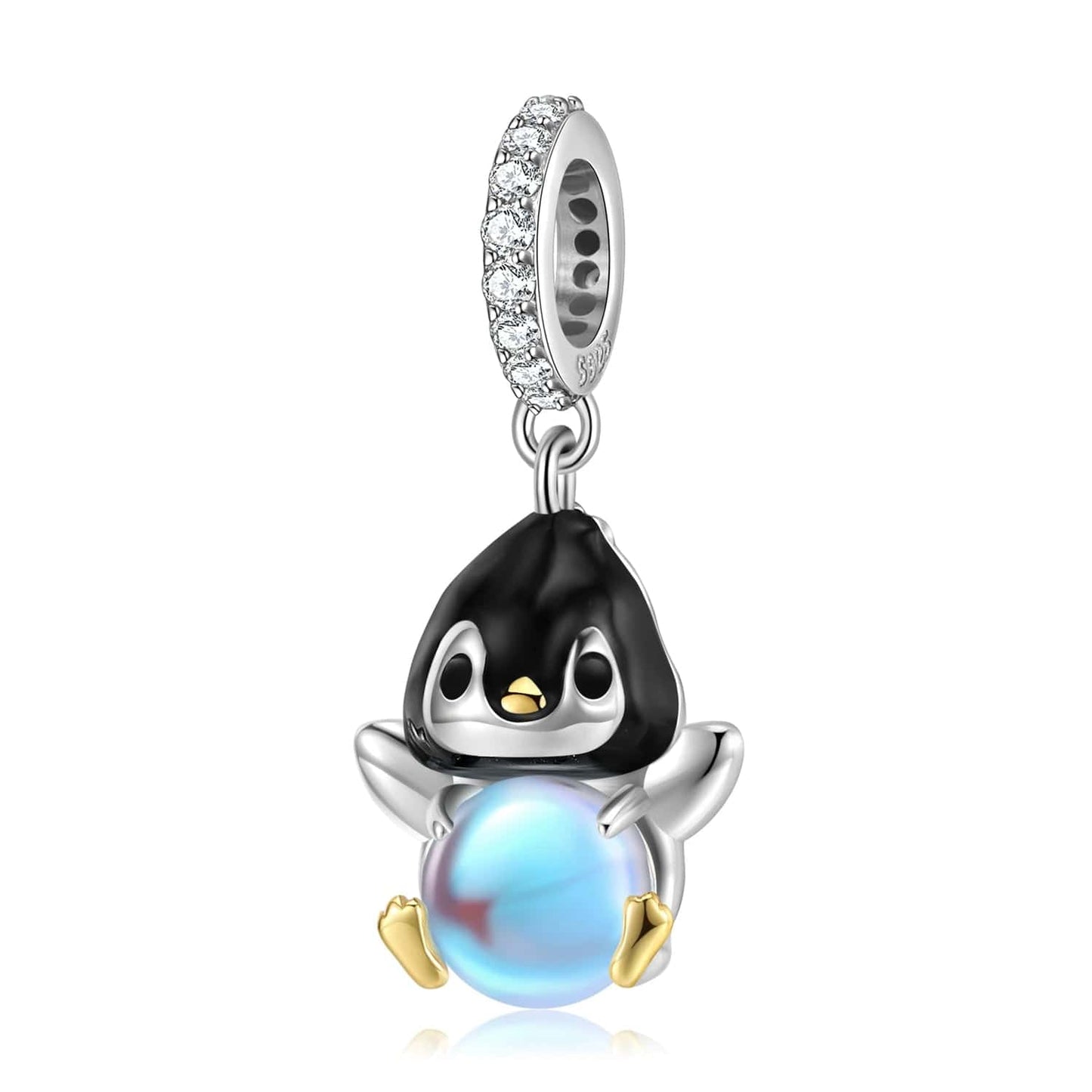 Charm Pendant Pingouin avec Sphère Bleue Lumineuse