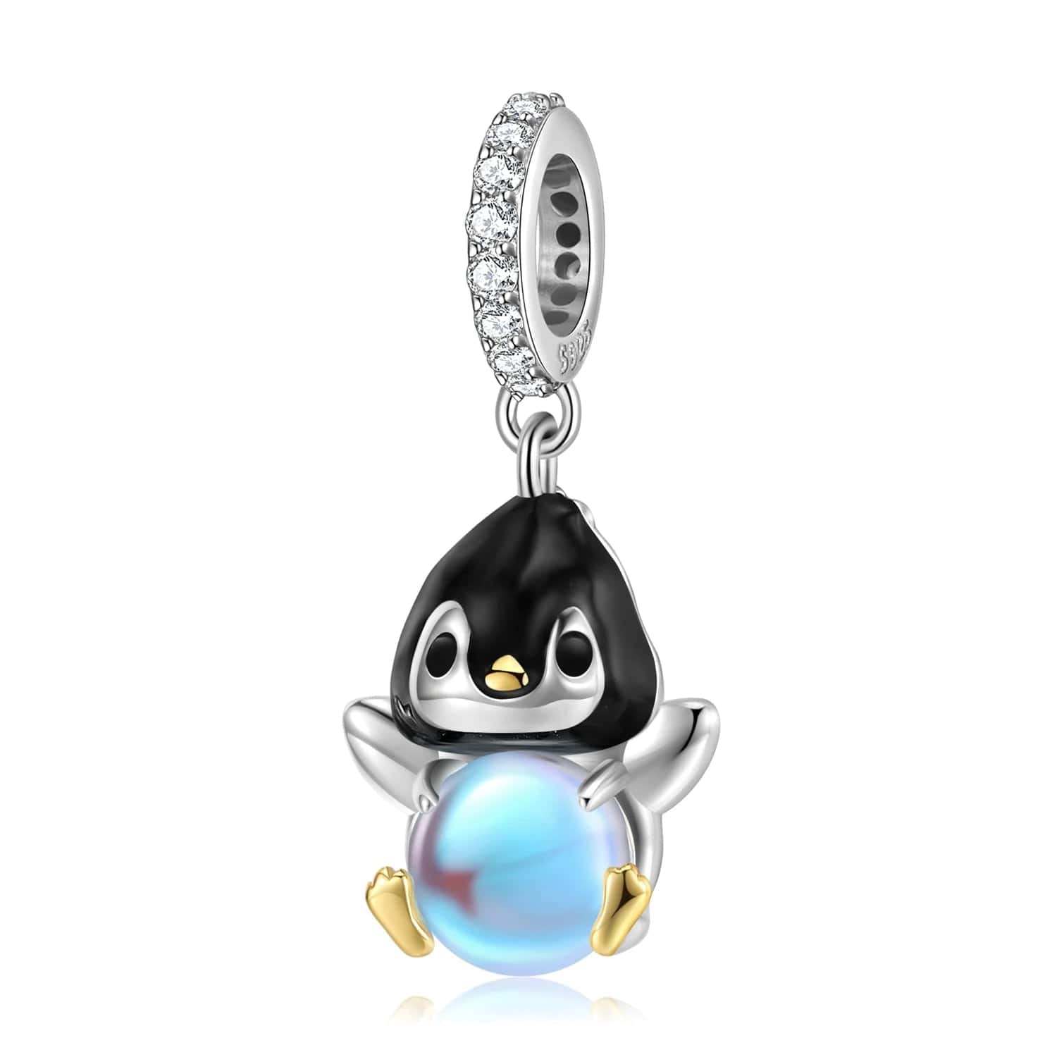 Charm Pendant Pingouin avec Sphère Bleue Lumineuse