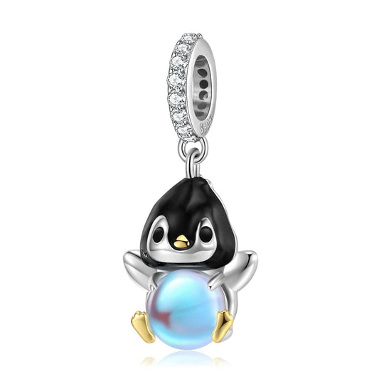Charm Pendant Pingouin avec Sphère Bleue Lumineuse