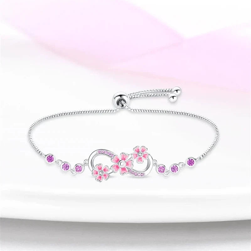 Bracelet Infini Fleur Rose avec Pierres Scintillantes