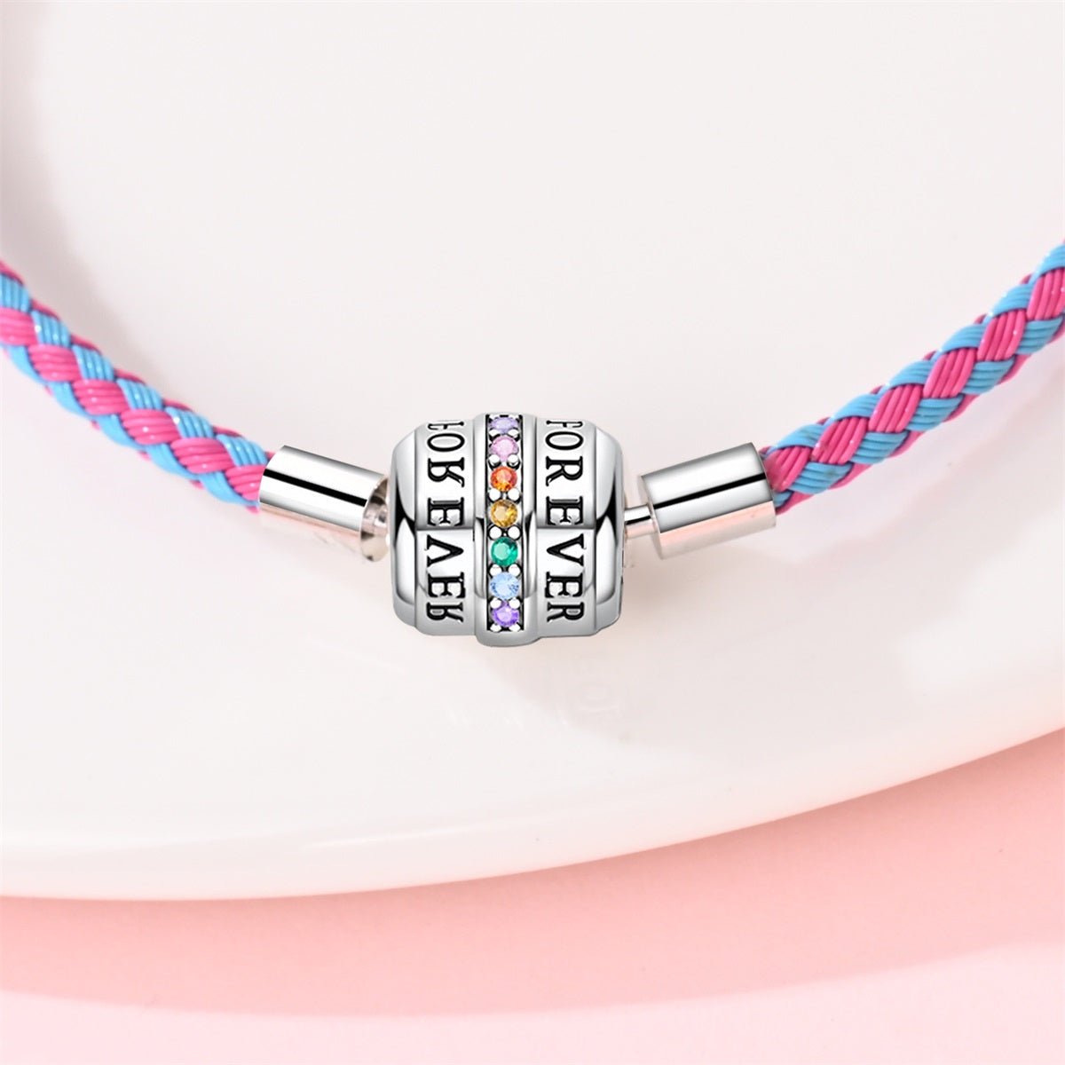 Bracelet en Cuir Tressé Rose et Bleu avec Fermoir Forever