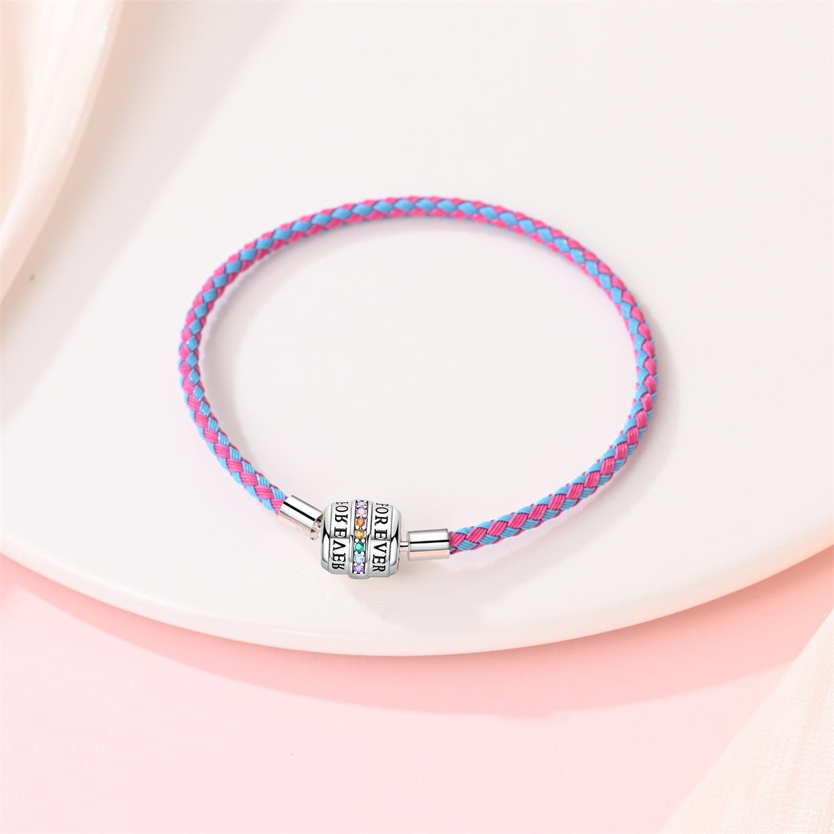 Bracelet en Cuir Tressé Rose et Bleu avec Fermoir Forever