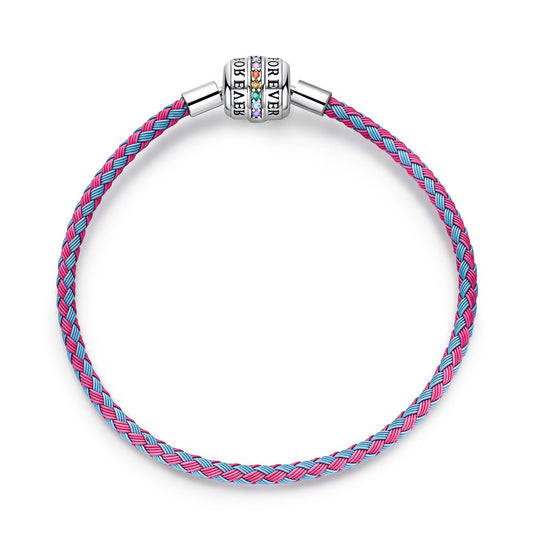 Bracelet en Cuir Tressé Rose et Bleu avec Fermoir Forever