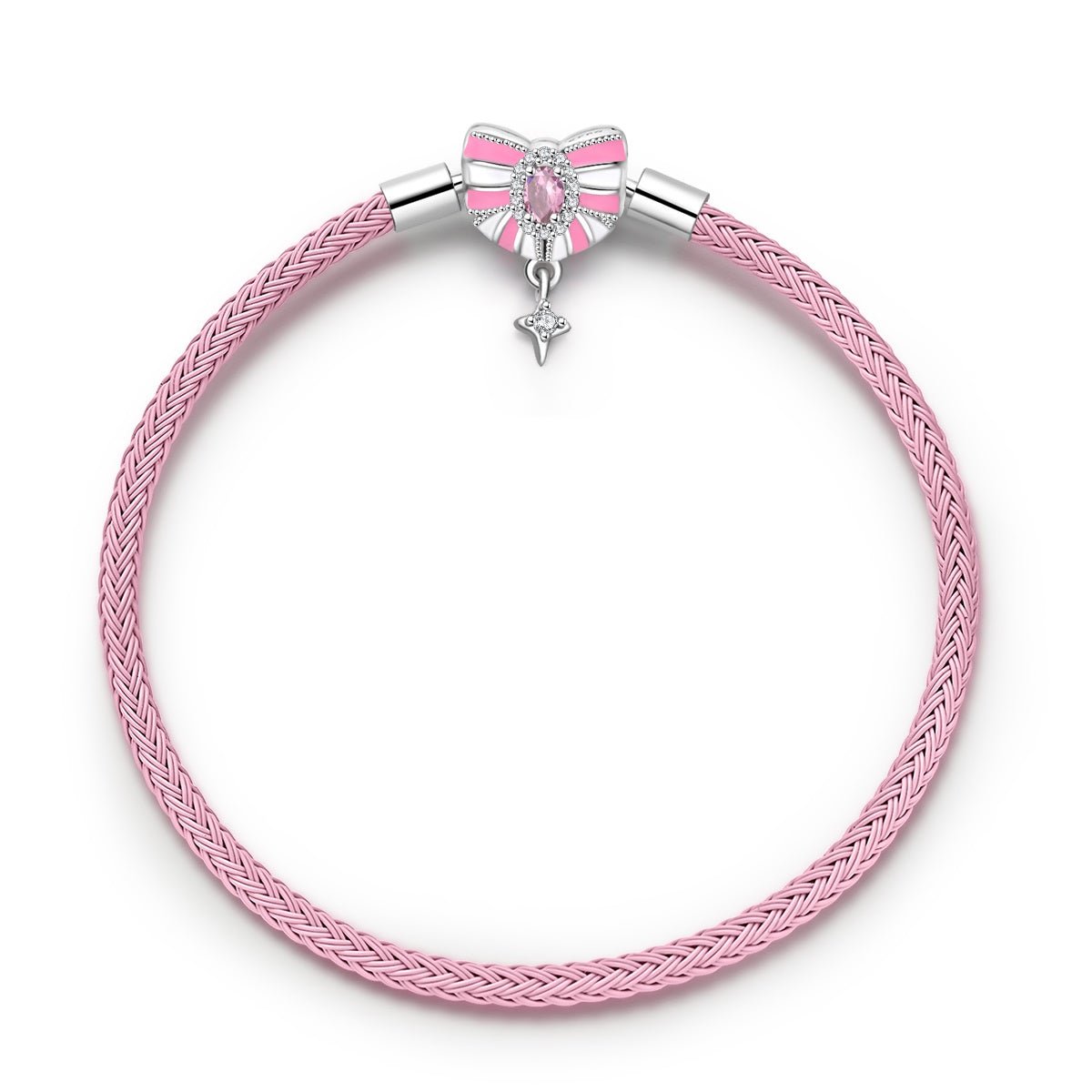 Bracelet en Cuir Rose avec Nœud et Étoile Pendante