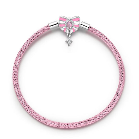 Bracelet en Cuir Rose avec Nœud et Étoile Pendante