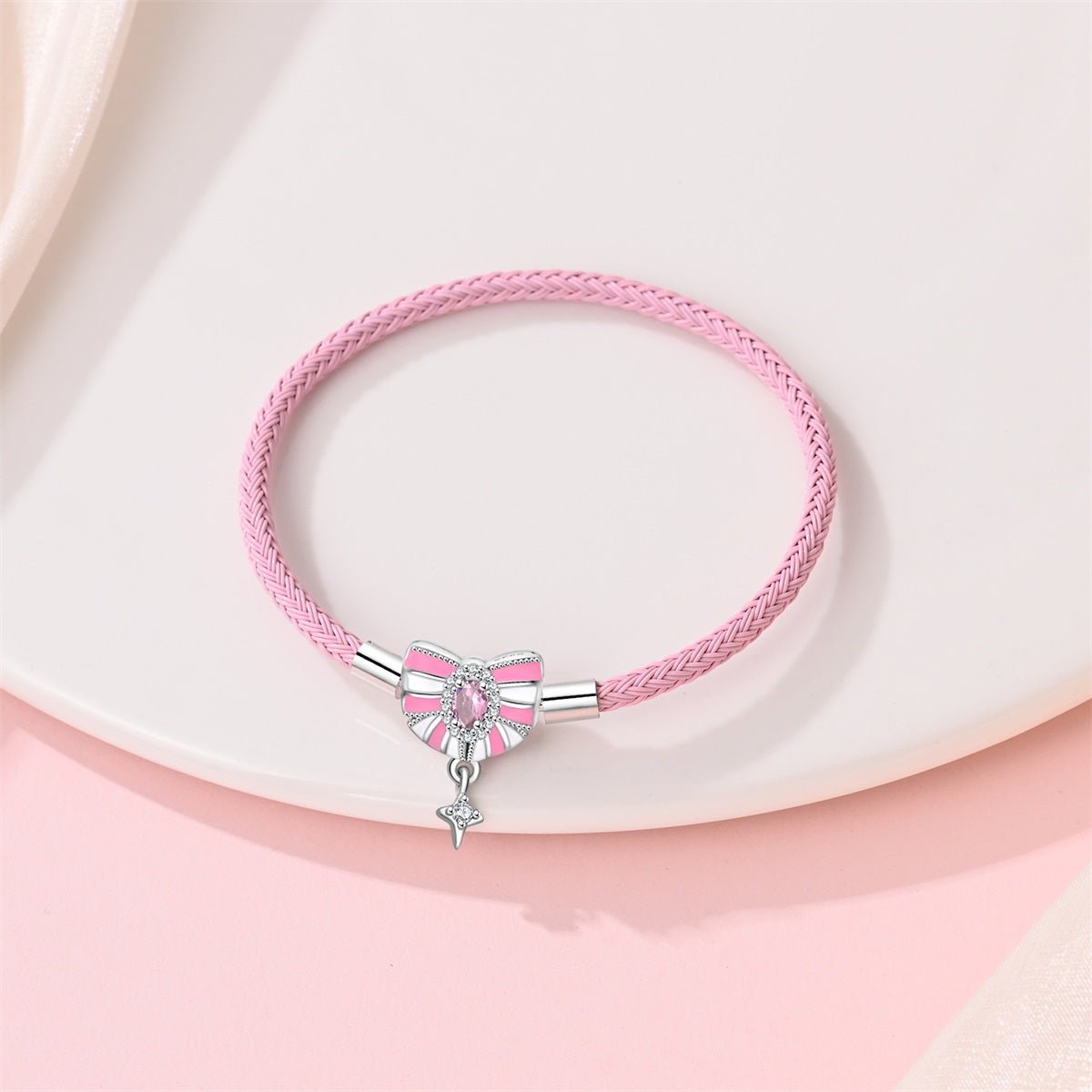 Bracelet en Cuir Rose avec Nœud et Étoile Pendante