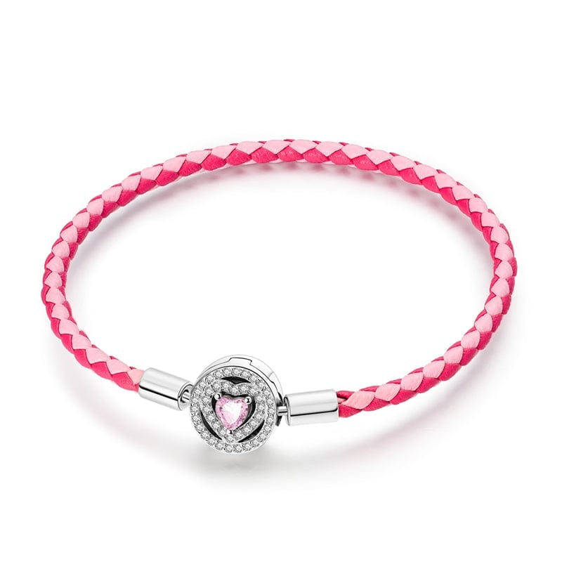 Bracelet en Cuir Tressé Rose avec Fermoir Cœur