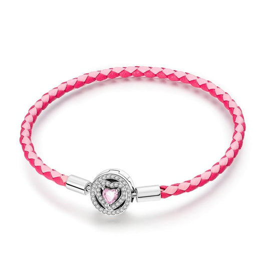 Bracelet en Cuir Tressé Rose avec Fermoir Cœur