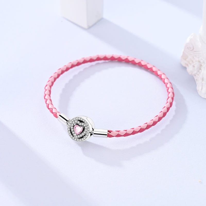 Bracelet en Cuir Tressé Rose avec Fermoir Cœur