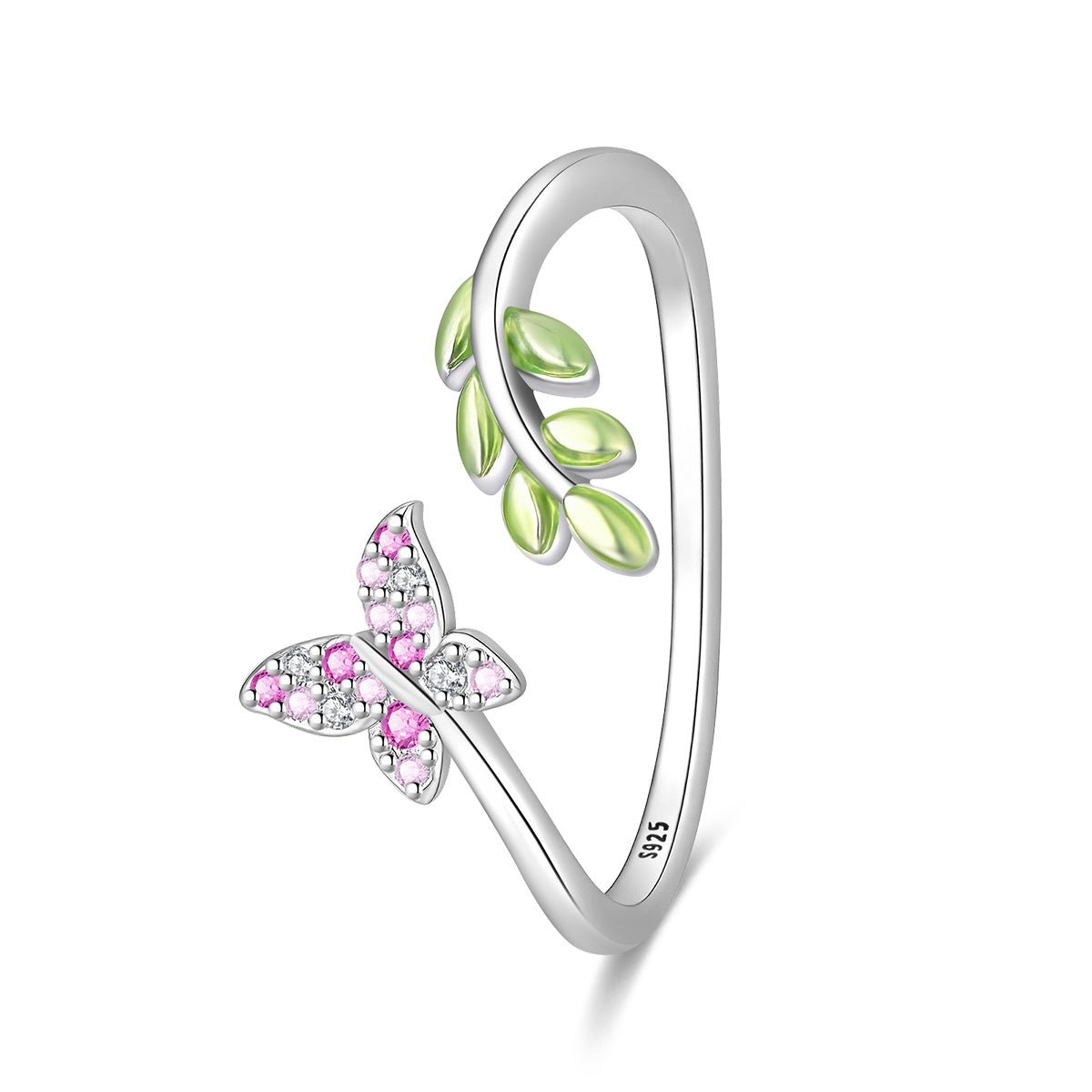 Bague Réglable Papillon Rose et Feuille Verte