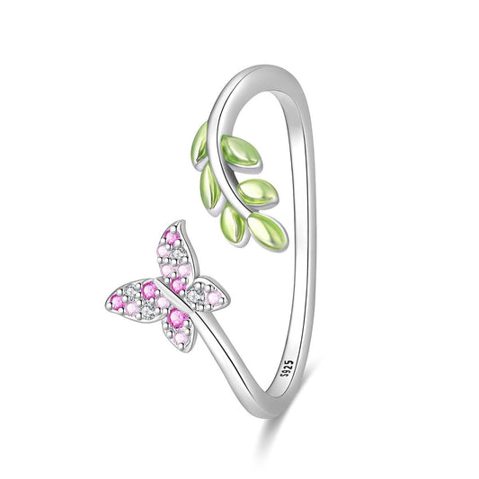 Bague Réglable Papillon Rose et Feuille Verte