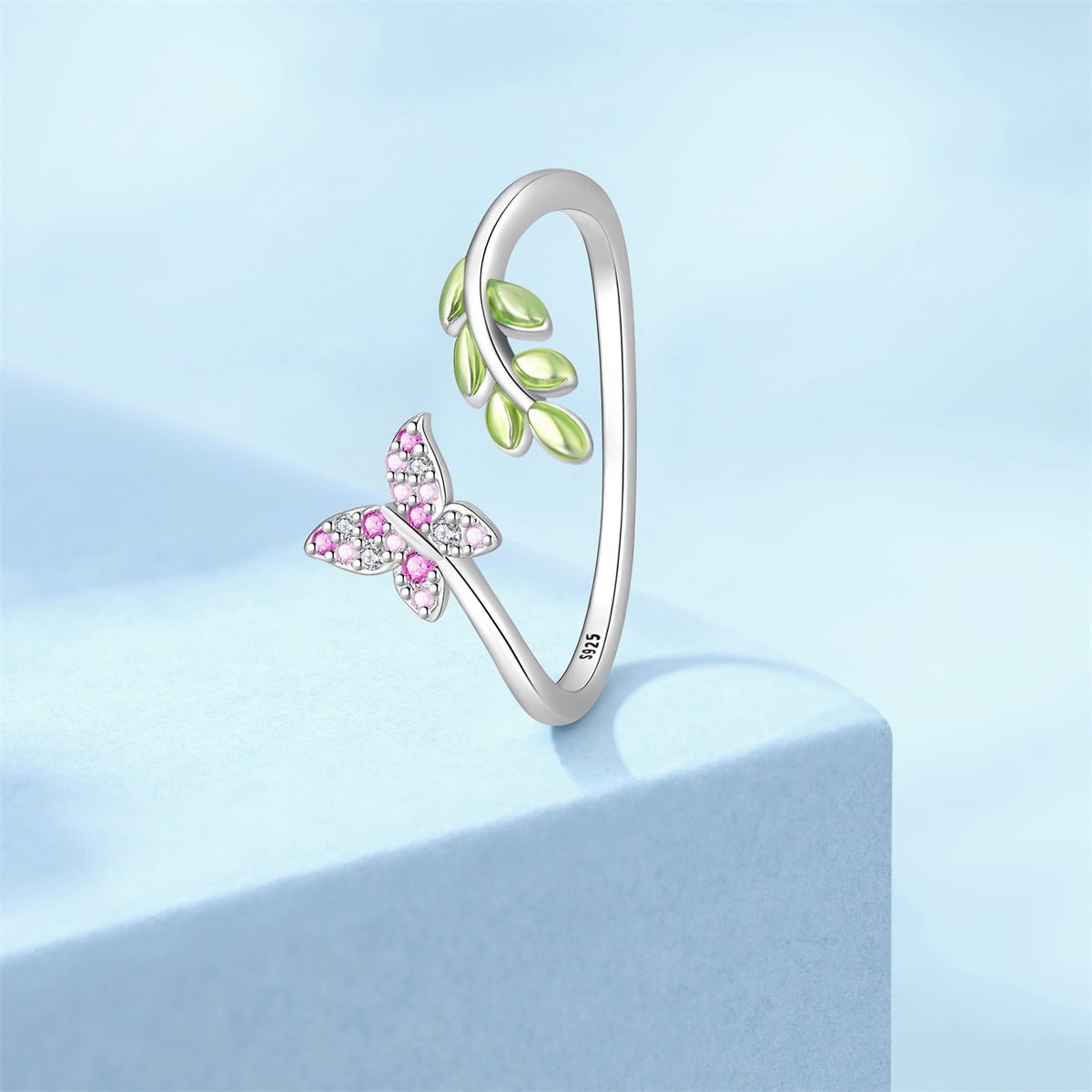 Bague Réglable Papillon Rose et Feuille Verte
