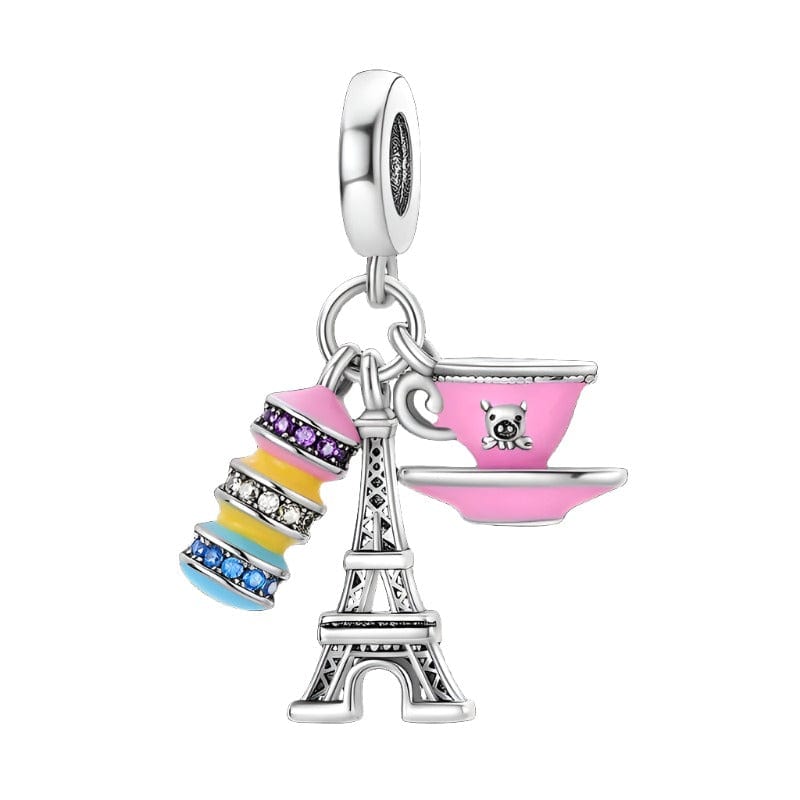 Charm Triple Pendant Café Rose, Macarons et Tour Eiffel