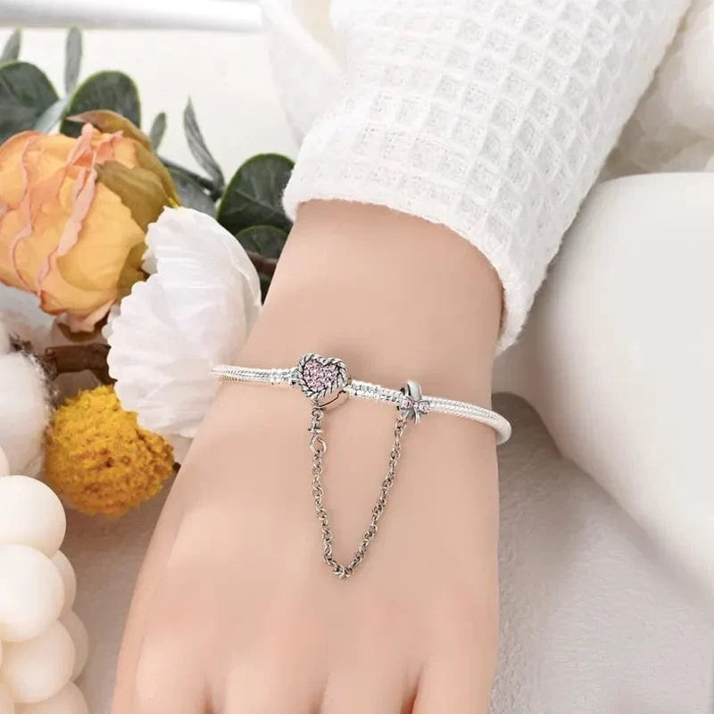 Bracelet à Charms Cœur en Cristal Rose avec Nœud et Chaîne de Sécurité