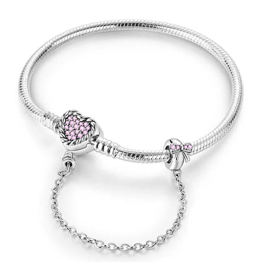 Bracelet à Charms Cœur en Cristal Rose avec Nœud et Chaîne de Sécurité