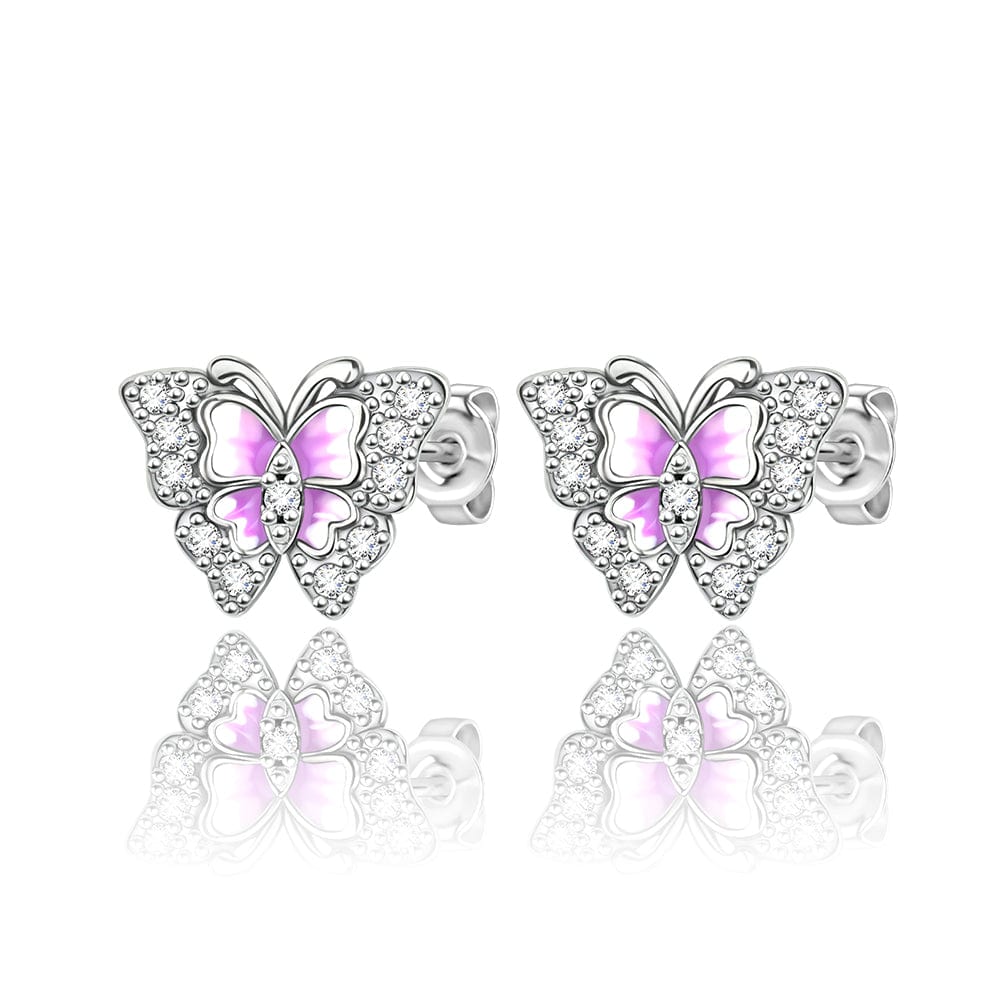 Puces d'Oreilles Papillon en Émail Rose aux Accents de Cristal