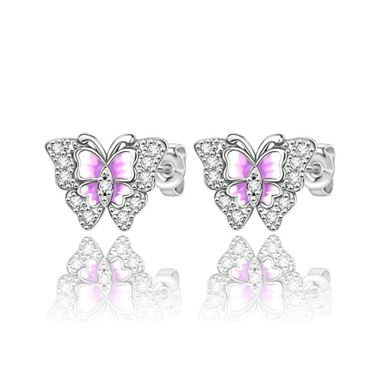 Puces d'Oreilles Papillon en Émail Rose aux Accents de Cristal