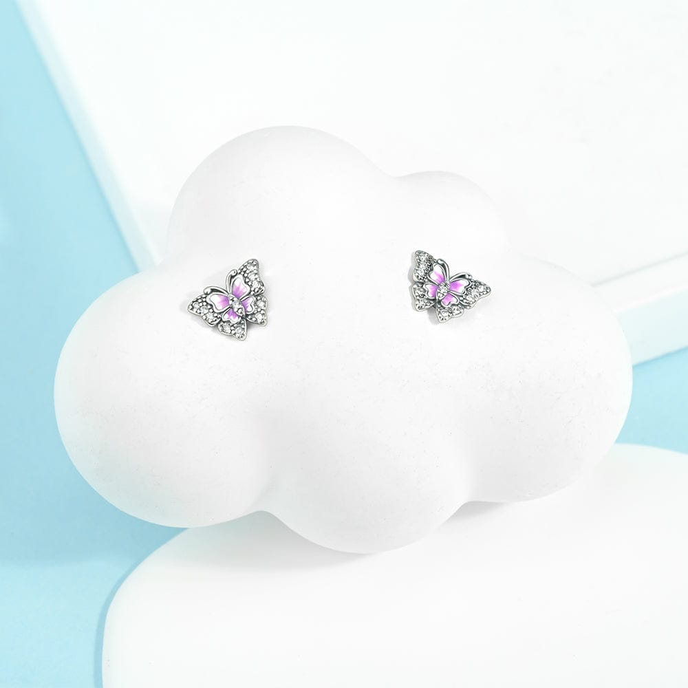 Puces d'Oreilles Papillon en Émail Rose aux Accents de Cristal