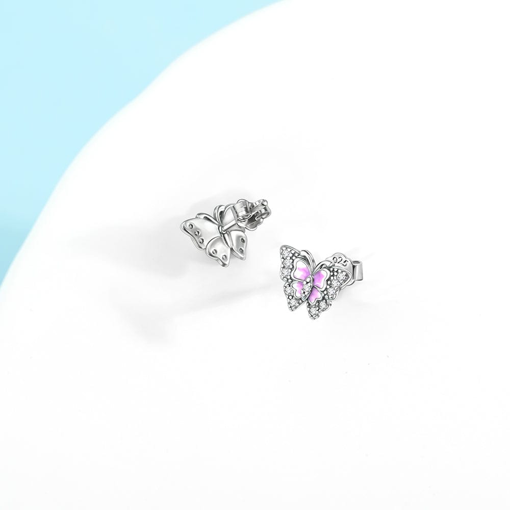 Puces d'Oreilles Papillon en Émail Rose aux Accents de Cristal