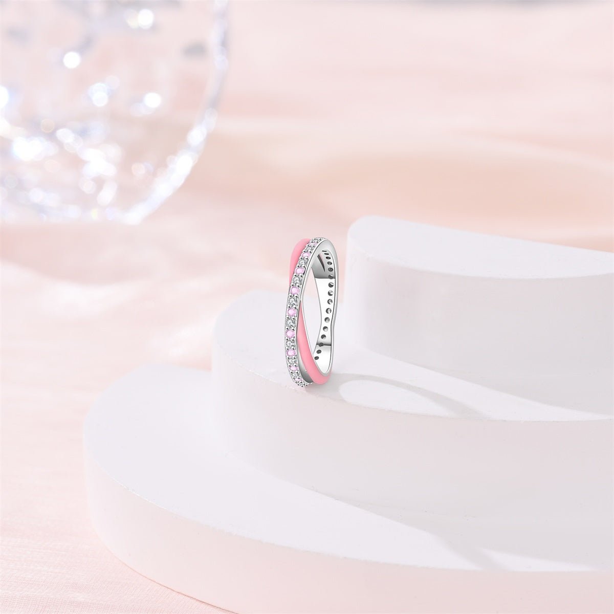 Bague Émail Rose et Pavé Scintillant