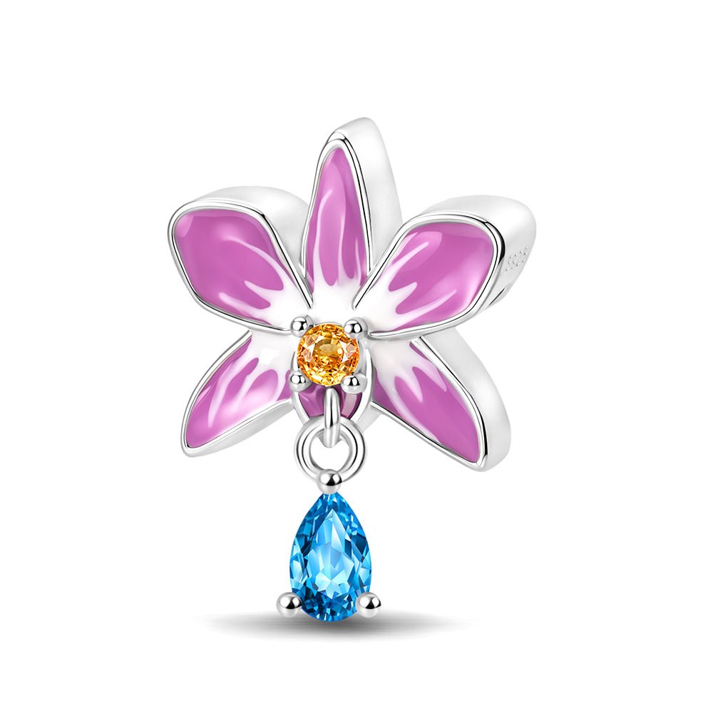 Charm Fleur Rose et Cristal Bleu