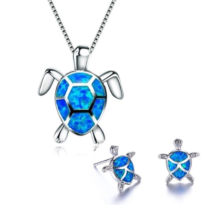Parure Collier + Boucles d'Oreilles Tortue de Mer en Opale et Argent