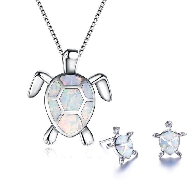Parure Collier + Boucles d'Oreilles Tortue de Mer en Opale et Argent