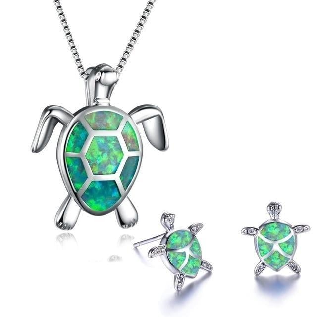 Parure Collier + Boucles d'Oreilles Tortue de Mer en Opale et Argent