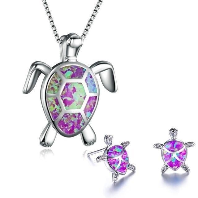 Parure Collier + Boucles d'Oreilles Tortue de Mer en Opale et Argent
