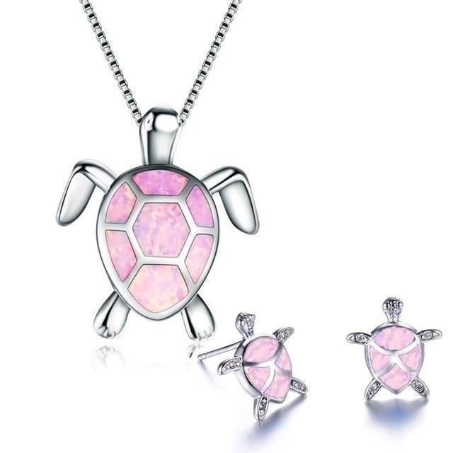 Parure Collier + Boucles d'Oreilles Tortue de Mer en Opale et Argent