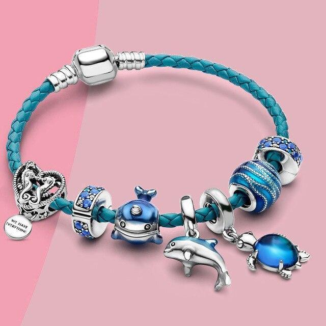 Bracelet Style Océan + Breloques Incluses en Cuir et Argent