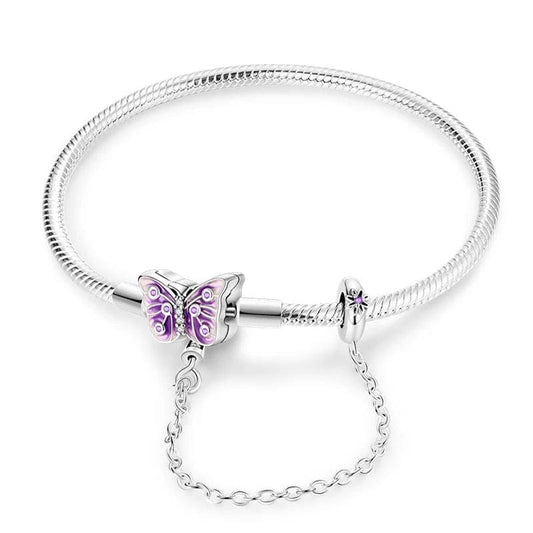 Bracelet à Charms Papillon Violet avec Chaîne de Sécurité