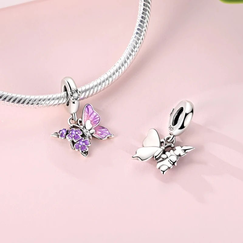 Charm Pendant Papillon Violet et Fleurs