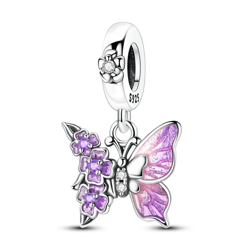 Charm Pendant Papillon Violet et Fleurs