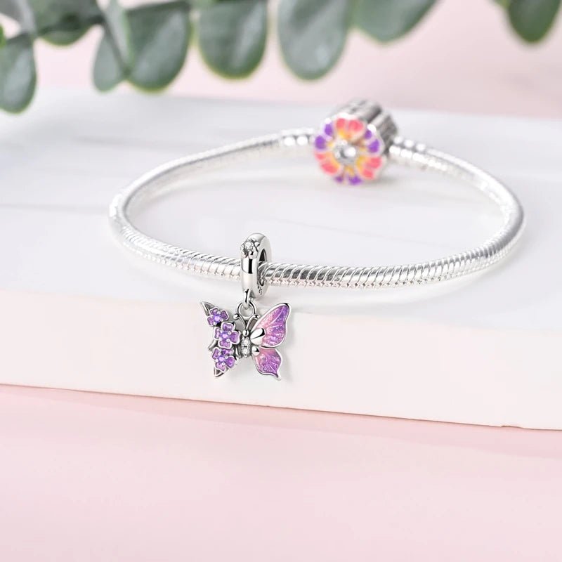 Charm Pendant Papillon Violet et Fleurs