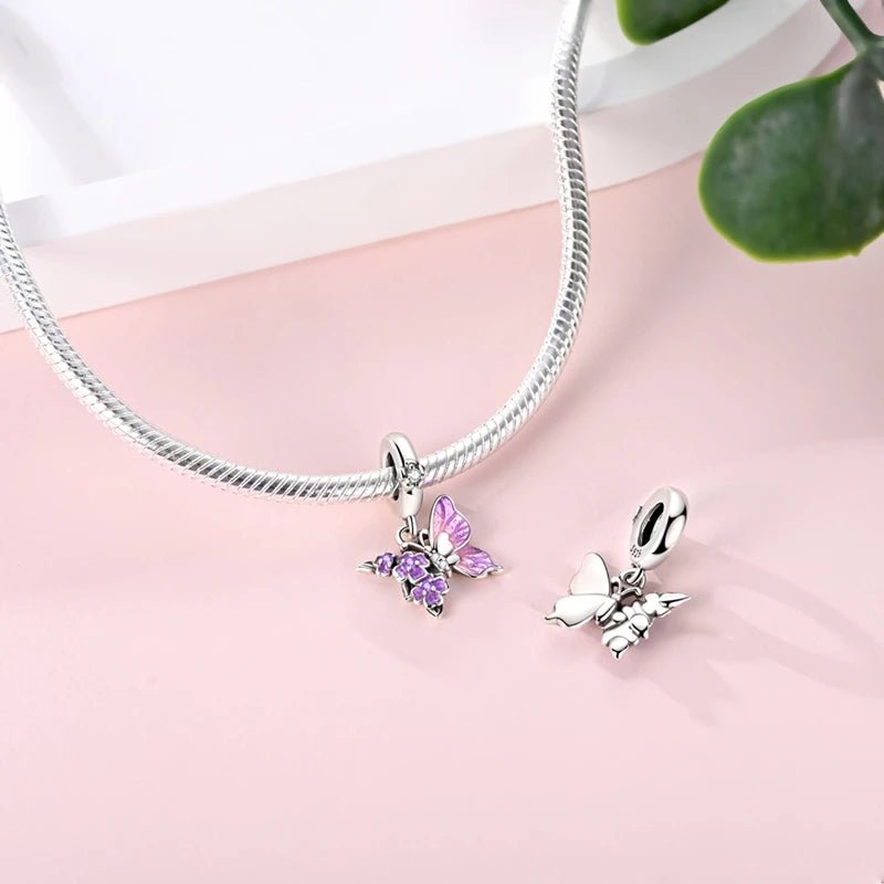 Charm Pendant Papillon Violet et Fleurs