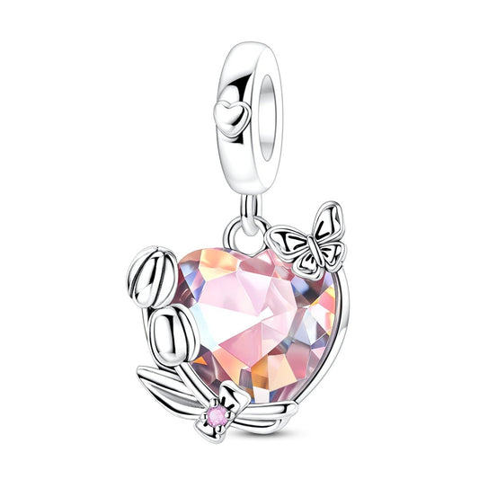 Charm Pendant Cœur Arc-en-Ciel avec Papillon et Fleurs