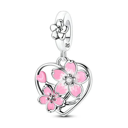 Charm Pendant Cœur Fleur de Cerisier Rotatif