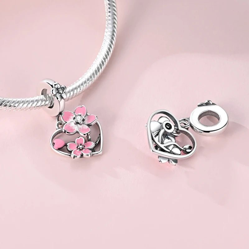 Charm Pendant Cœur Fleur de Cerisier Rotatif