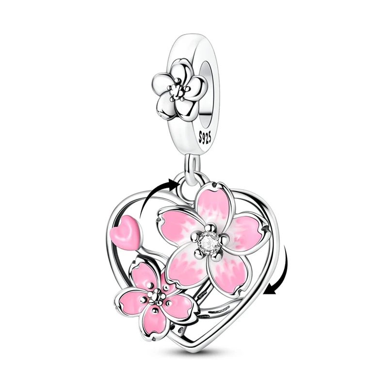 Charm Pendant Cœur Fleur de Cerisier Rotatif