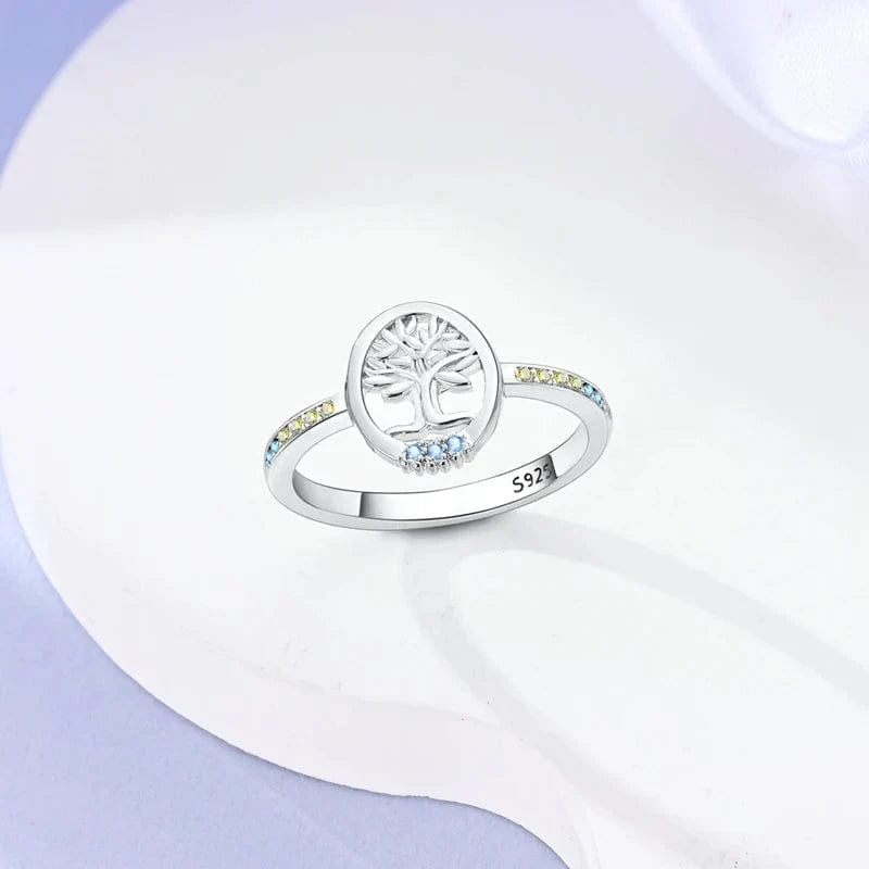Bague Arbre de Vie en Argent Sterling S925 aux Accents Bleus et Jaunes