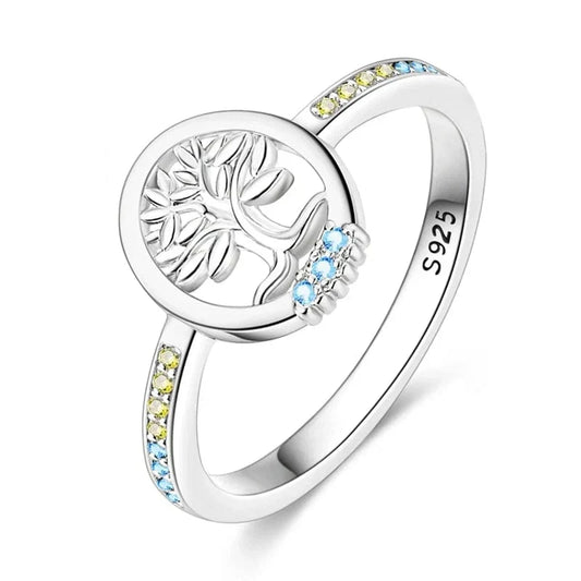 Bague Arbre de Vie en Argent Sterling S925 aux Accents Bleus et Jaunes